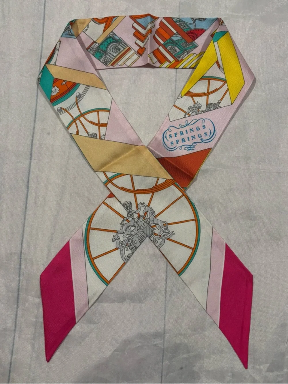 Hermès Twilly Silk Scarf Pink Multicolor Carriage Print Skinny Ribbon Wrap - Picture 3 of 4